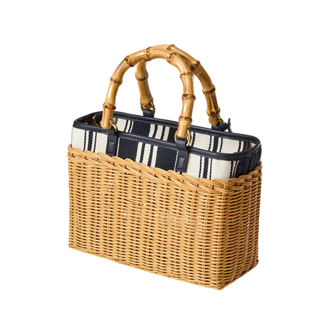 Stripe Canvas Wicker Porto Bag-Nat. Wicker/Navy Stripe