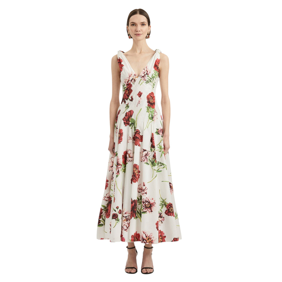 Sleeveless V-Neck Peony Print Poplin Day Dress
