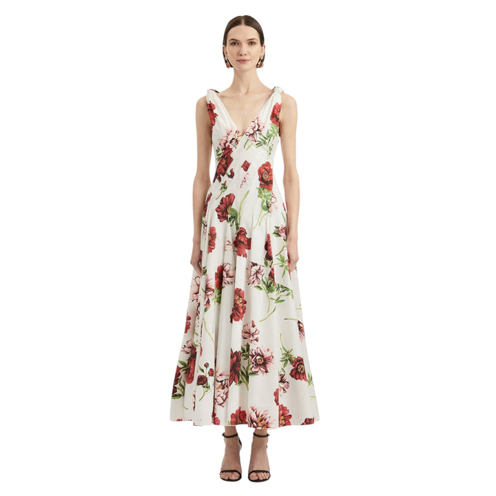 Sleeveless V-Neck Peony Print Poplin Day Dress