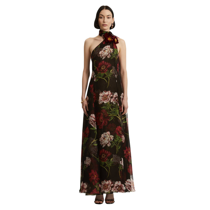 Halter Neck Peony Print Chiffon Gown