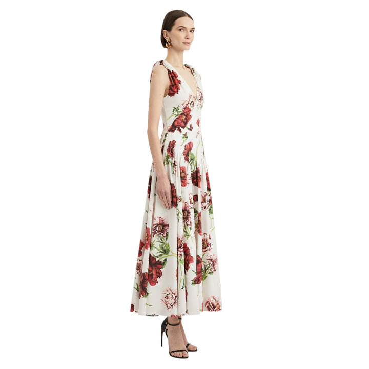 Sleeveless V-Neck Peony Print Poplin Day Dress