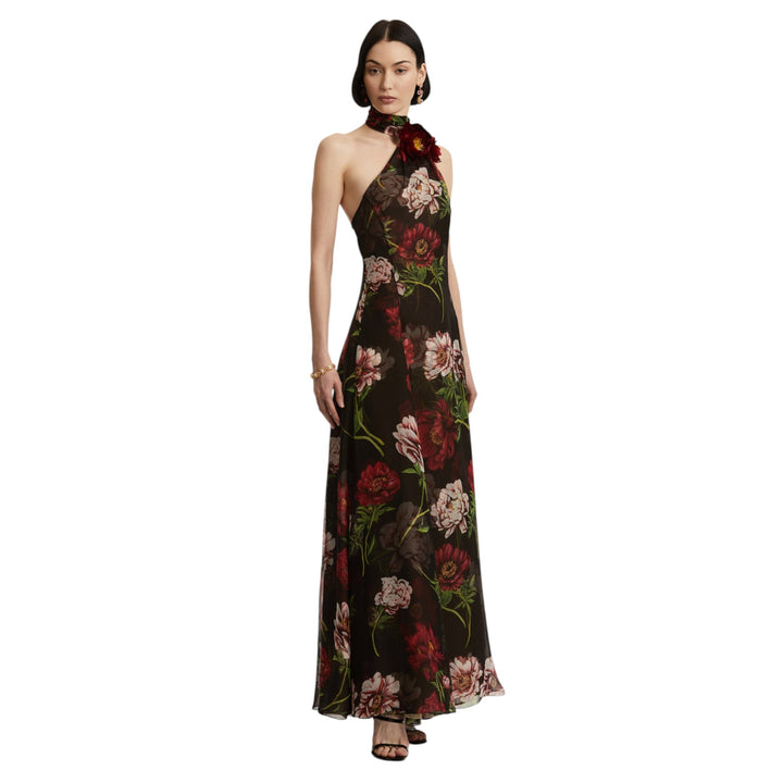 Halter Neck Peony Print Chiffon Gown