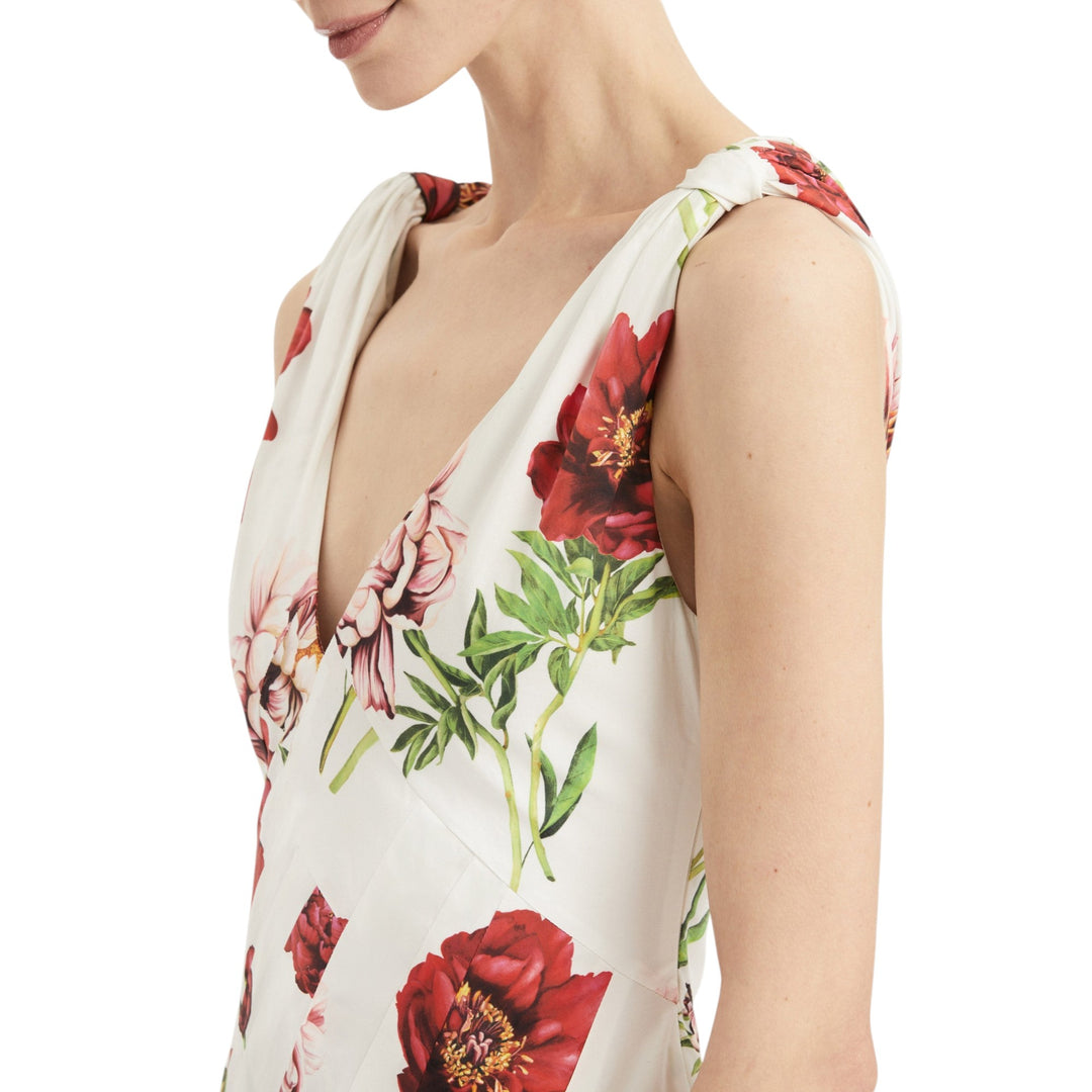 Sleeveless V-Neck Peony Print Poplin Day Dress