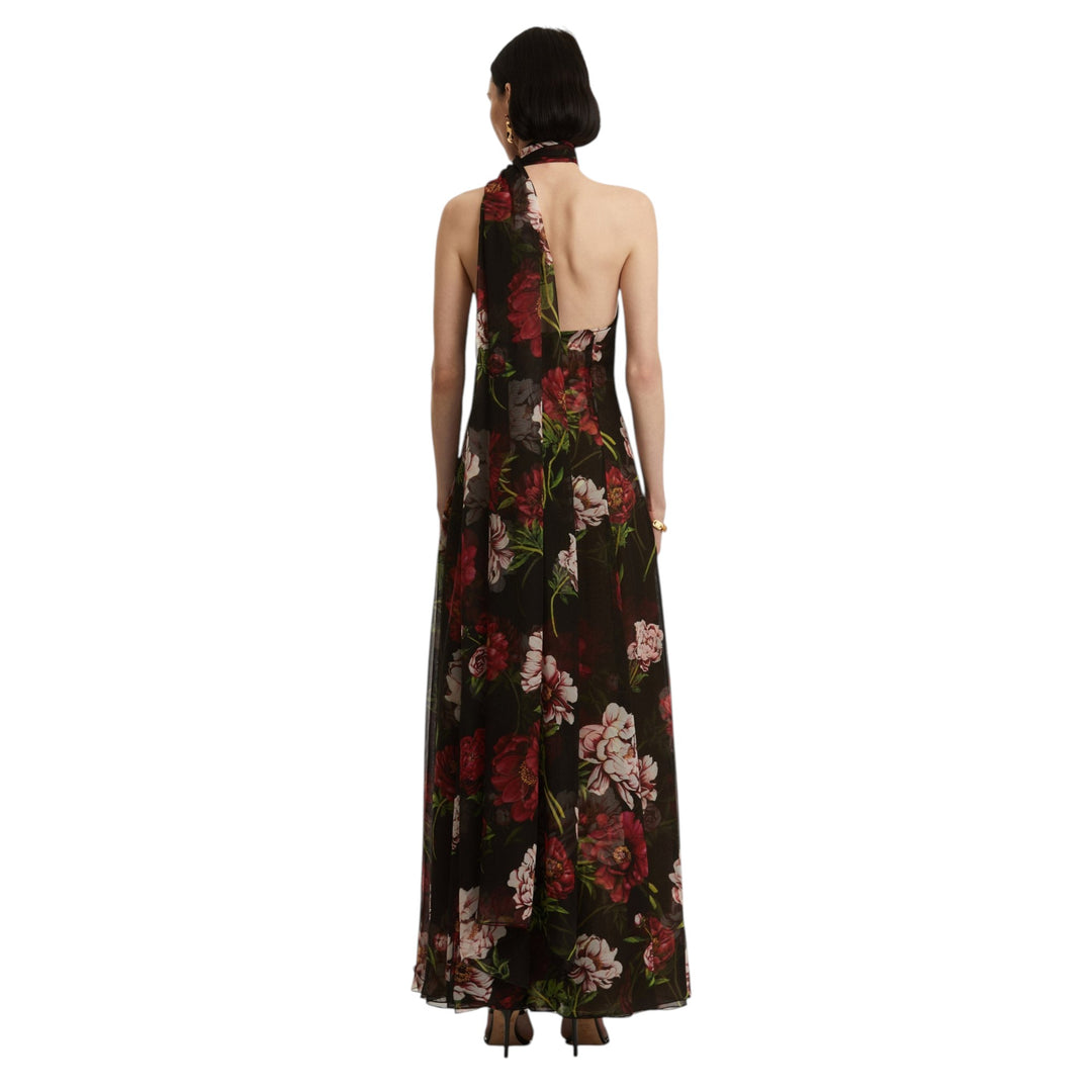 Halter Neck Peony Print Chiffon Gown