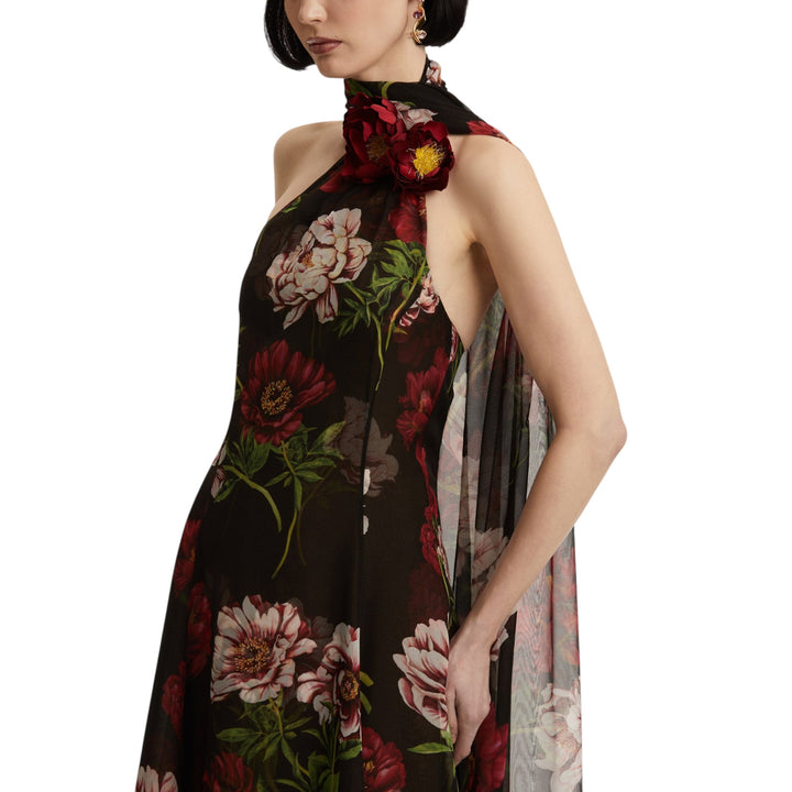 Halter Neck Peony Print Chiffon Gown