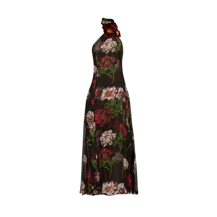 Halter Neck Peony Print Chiffon Gown