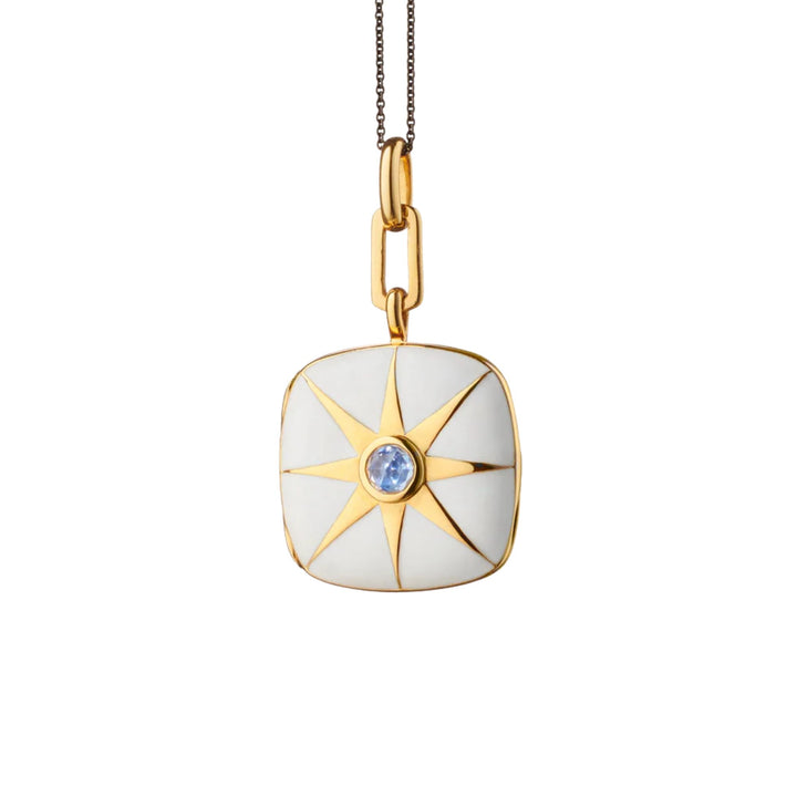 White Enamel Blue Sapphire Star Silver & Gold Locket on 17" Chain