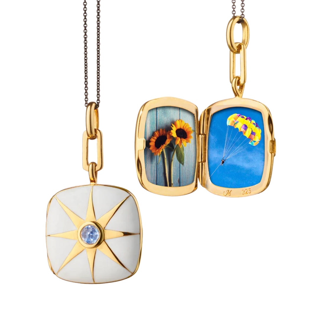 White Enamel Blue Sapphire Star Silver & Gold Locket on 17" Chain